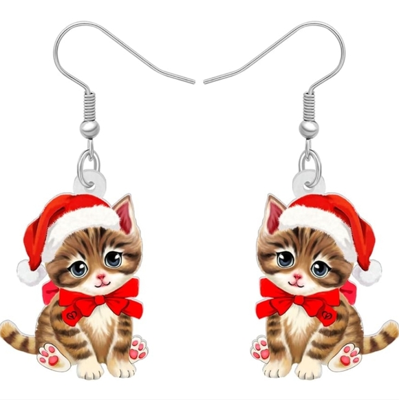 Jewelry - Adorable Cat Earrings with Santa Hat